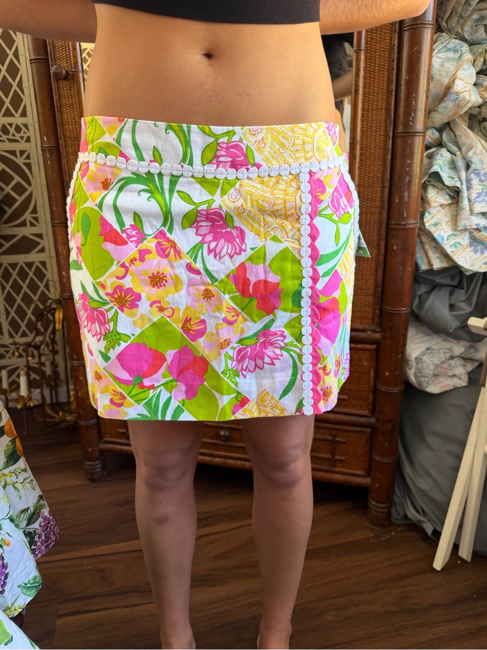 Lilly Pulitzer Pink & Green Floral Patchwork Mini Skirt with Pom-Pom Trim